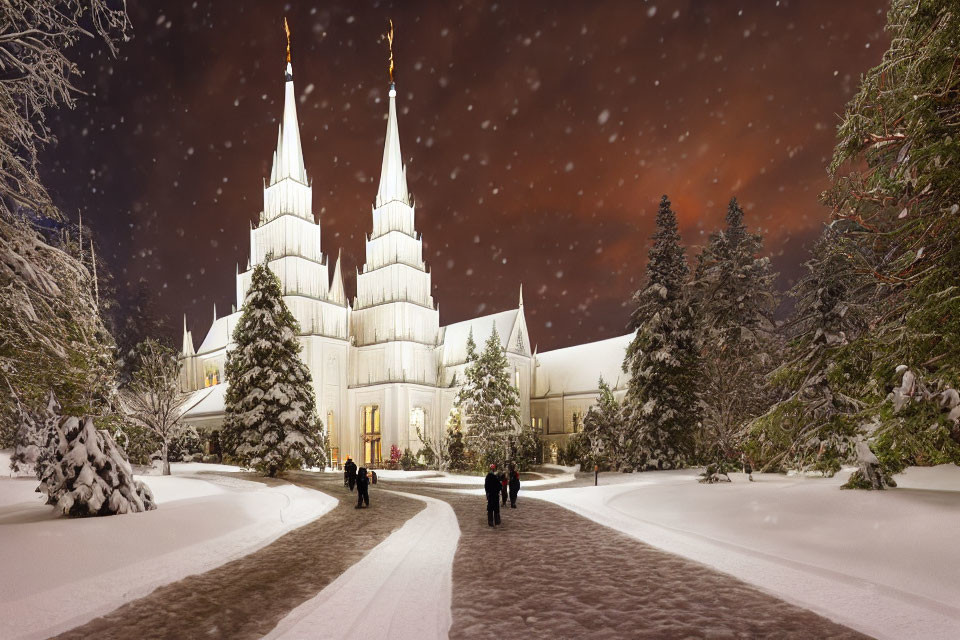 Snowy Night Scene with Multi-Spired Building and Snow-Covered Trees