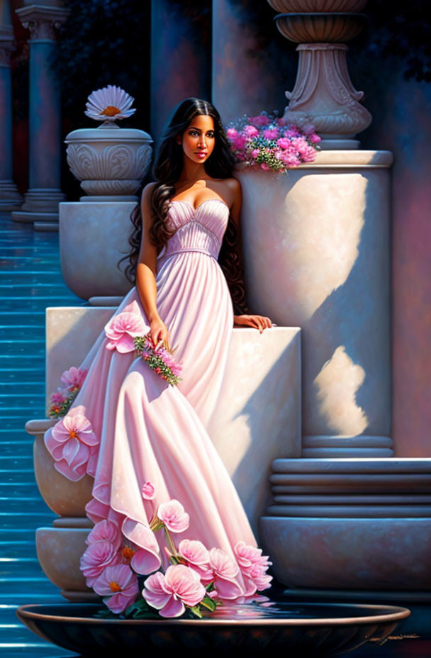 Woman in Pink Gown with Flowers by Fountain and Columns