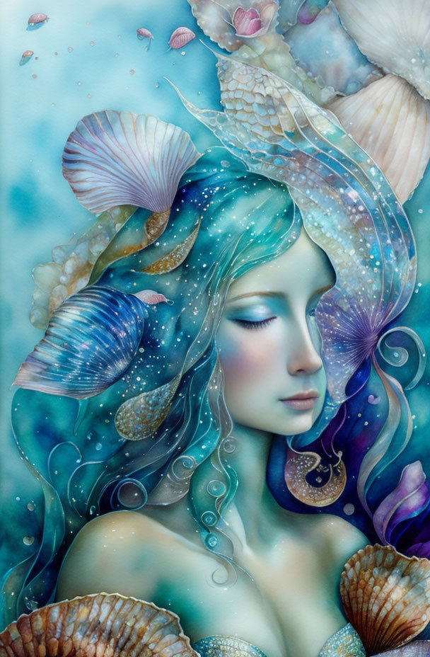 Ethereal woman with marine features and shell-adorned hair against blue backdrop