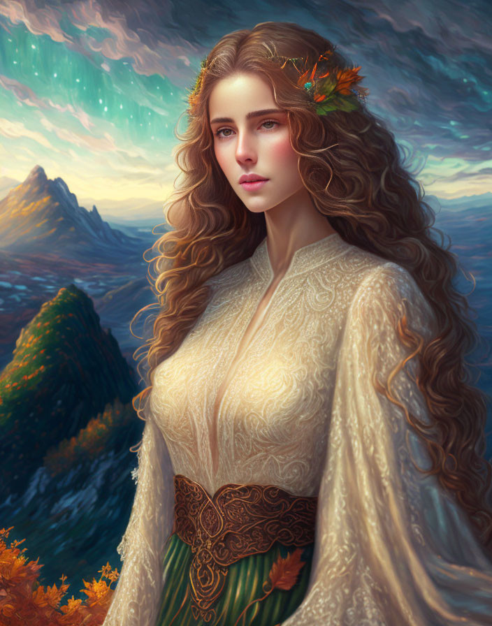 Woman with Long Wavy Hair in Autumn Leaf Crown and White Dress in Mountain Sunset Portrait