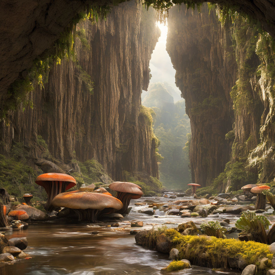 Tranquil river in a lush cave with towering walls