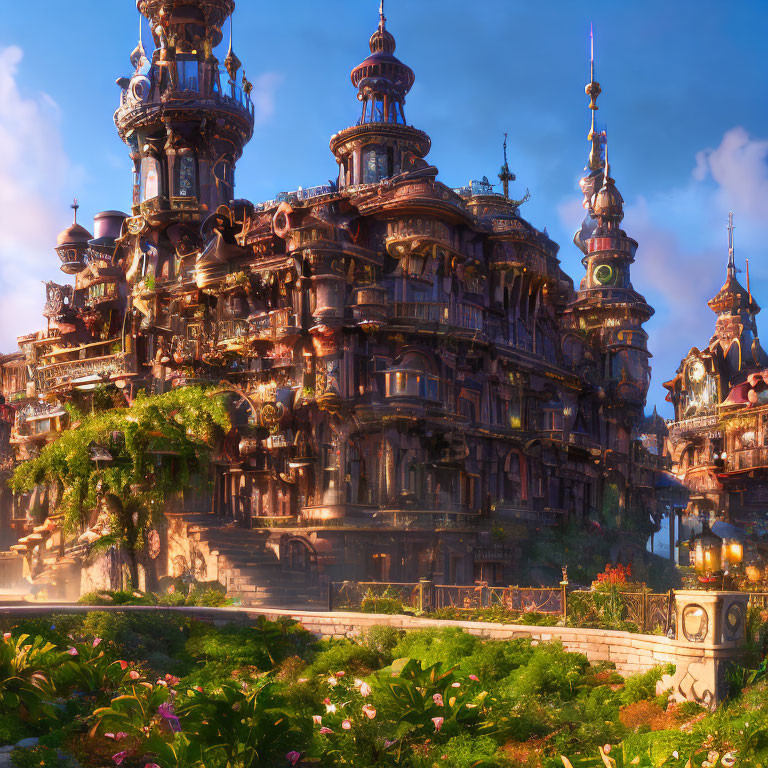 Ornate Fantasy Castle with Towers in Lush Gardens