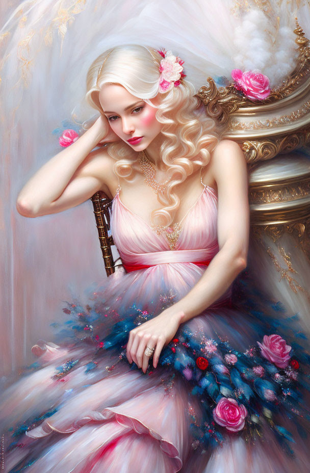 Pale-skinned woman with wavy blonde hair in pastel dress adorned with pink flowers against luxurious backdrop