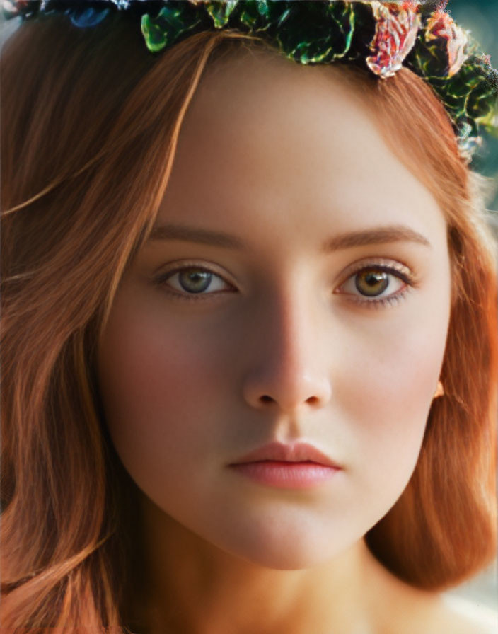 Woman with Auburn Hair in Floral Crown, Serene Expression