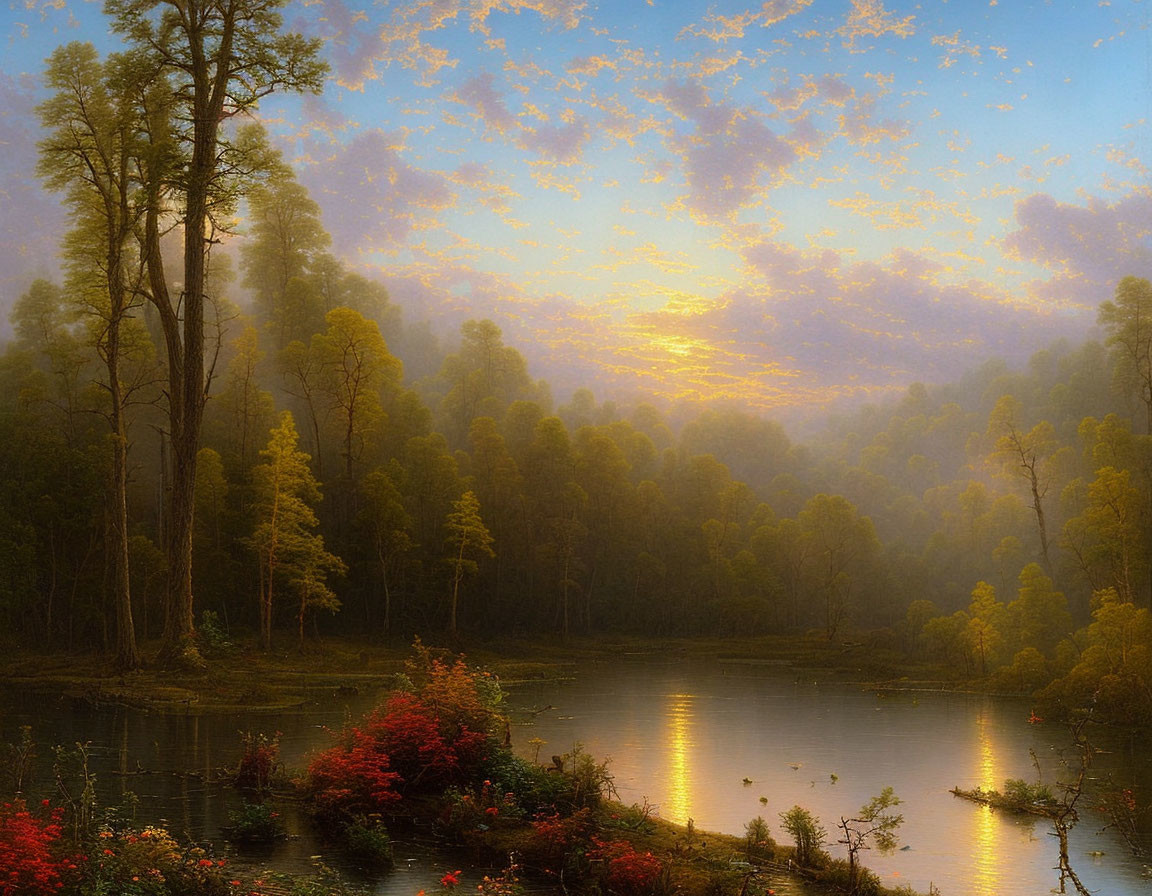 Tranquil forest landscape at sunset with glowing sky reflected in serene river