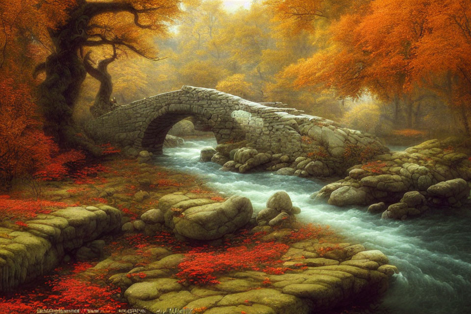 Tranquil autumn landscape with stone bridge, stream, orange leaves, and red foliage