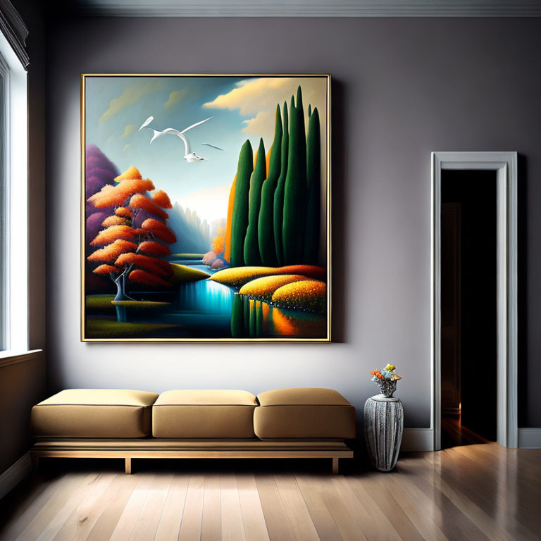 Colorful surreal landscape painting above tan sofa with flowers on dark gray wall