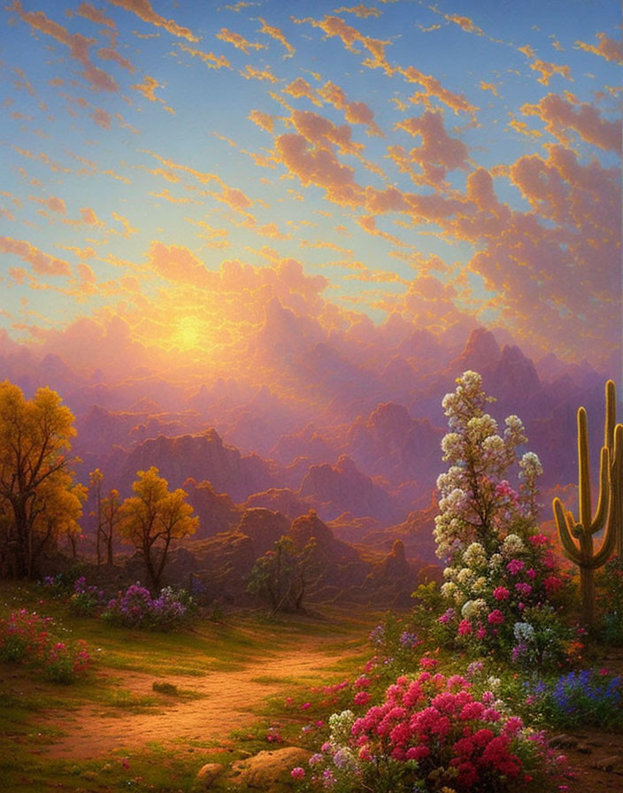 Colorful sunset landscape painting with golden clouds, winding path, blooming flowers, cactus, and