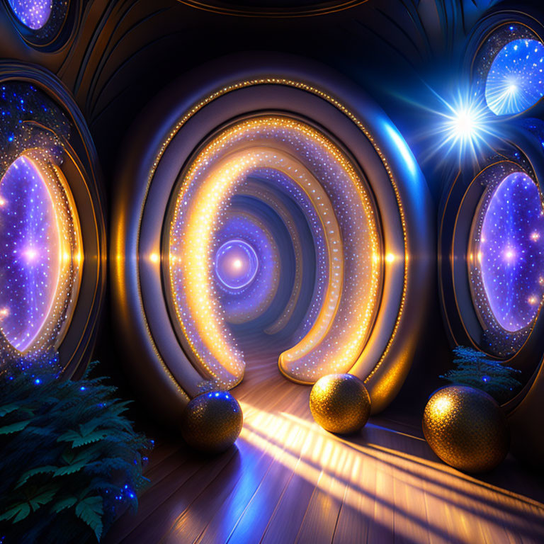 Colorful digital art: Tunnel with reflective surfaces, spherical objects, glowing lights, cosmic patterns.