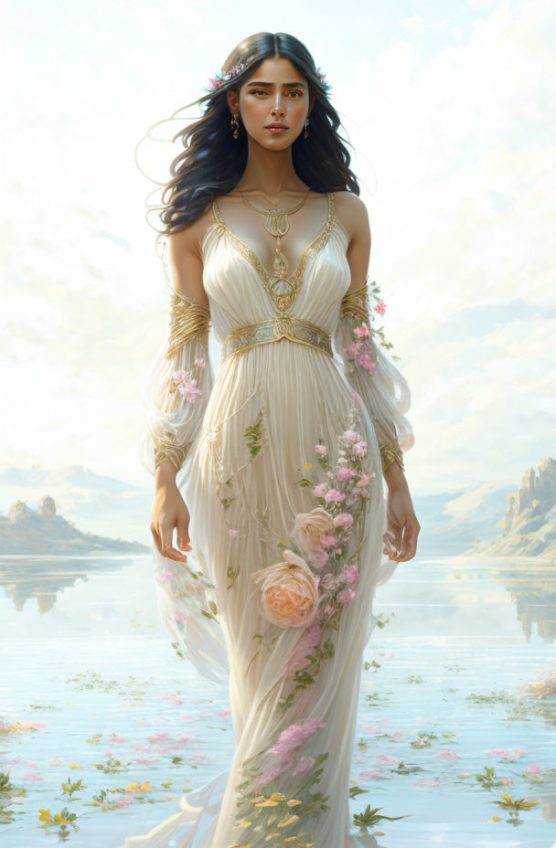 Woman in White Floral Dress by Serene Lake & Mountains