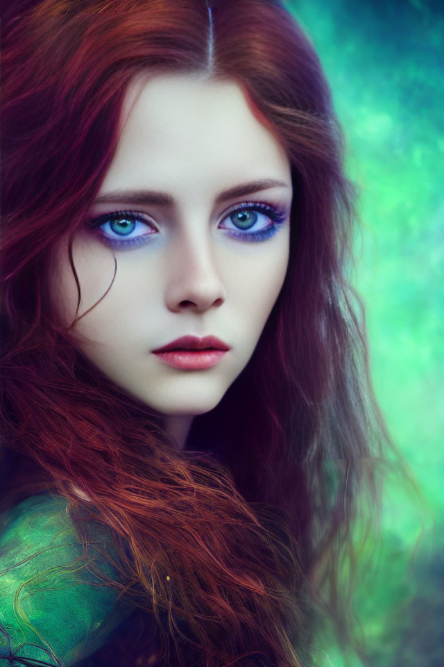 Vibrant red-haired woman with blue eyes on ethereal background