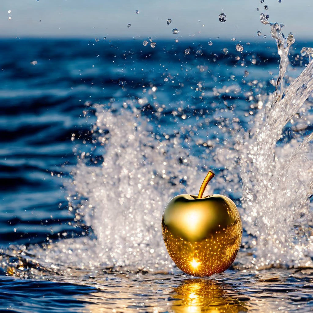 Golden apple splashes into water with dynamic droplets and ripples