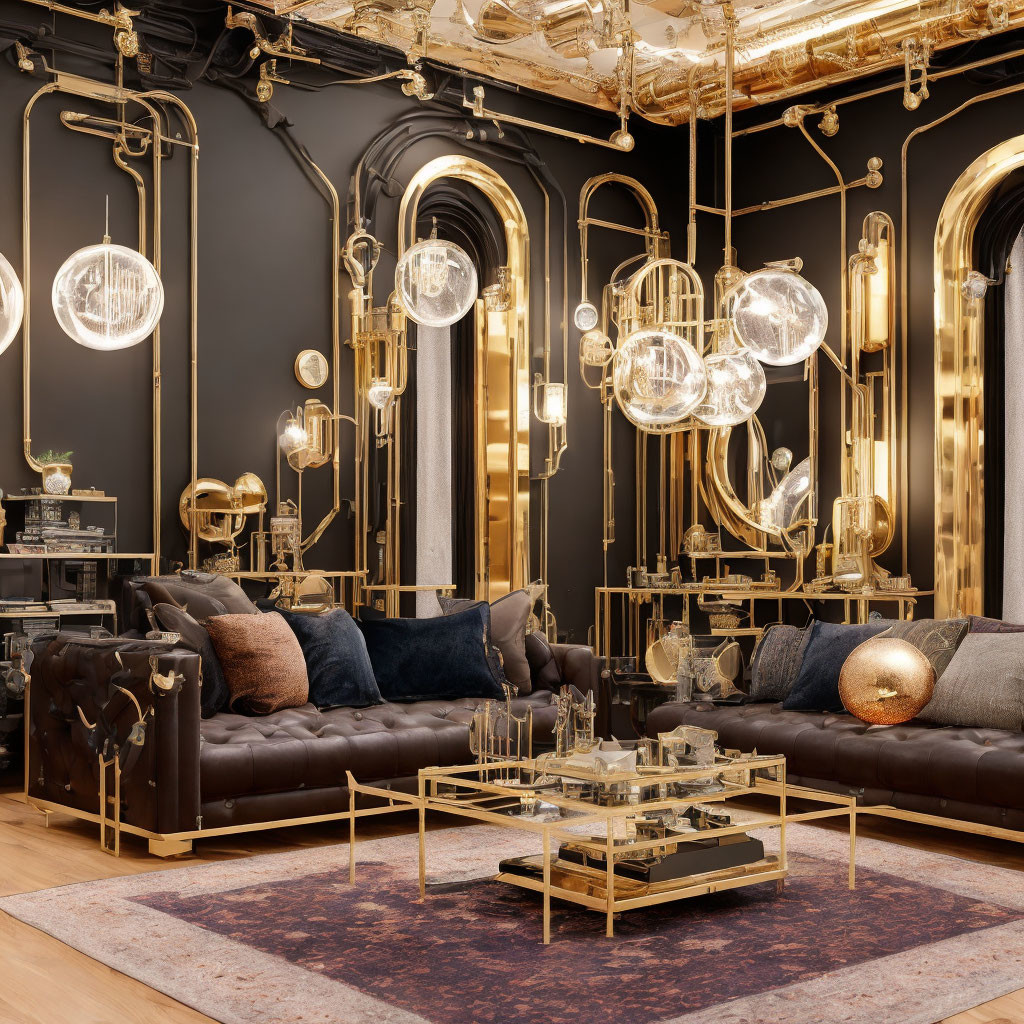 Sophisticated living room with leather sofas, gold coffee table, and ornate ceiling.