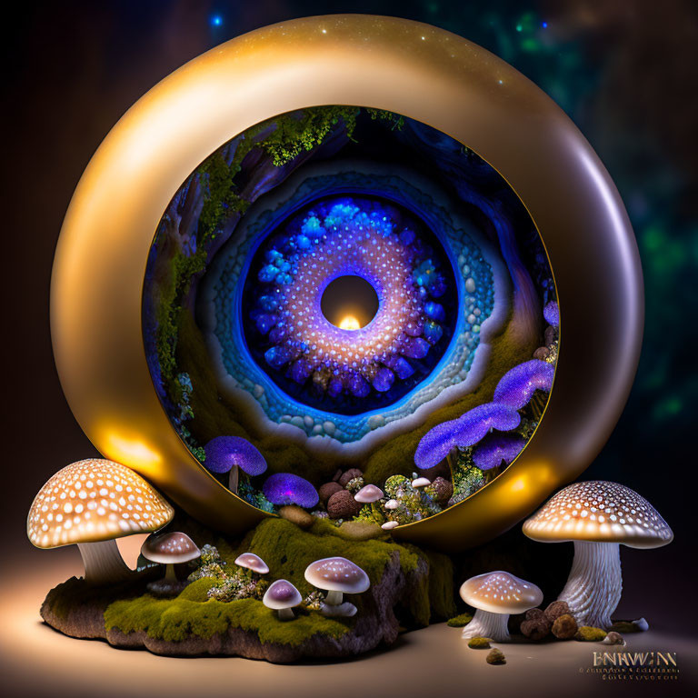 Surreal image of recursive eye-like portal with cosmic landscapes and glowing mushrooms