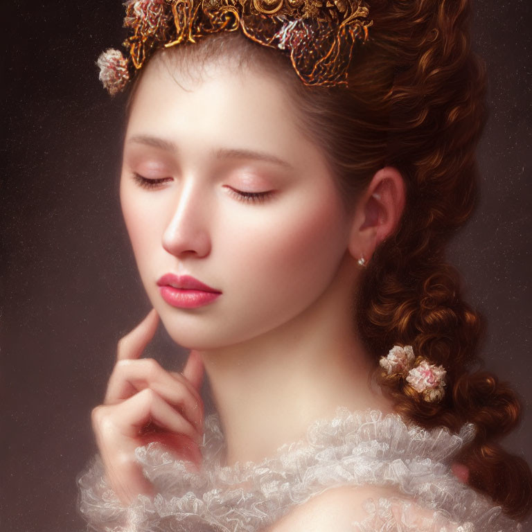 Woman with delicate braid and floral hairpiece in serene pose