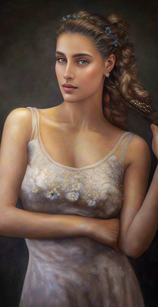 Digital portrait of woman with braided hair and floral dress gazing pensively.