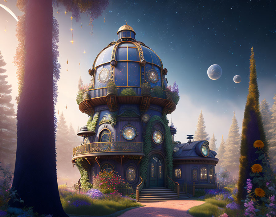 Fantasy house with dome roof in forest clearing at twilight