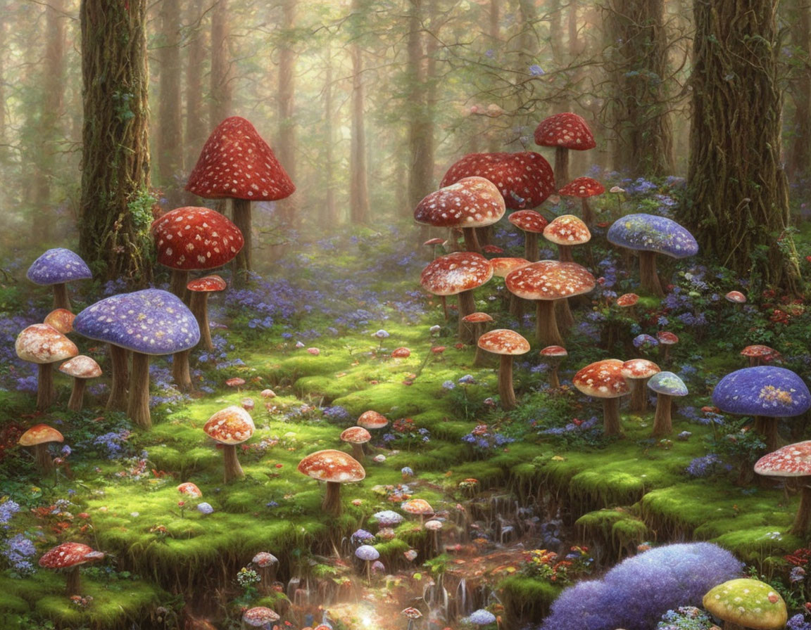 Colorful Oversized Mushrooms in Whimsical Forest Setting