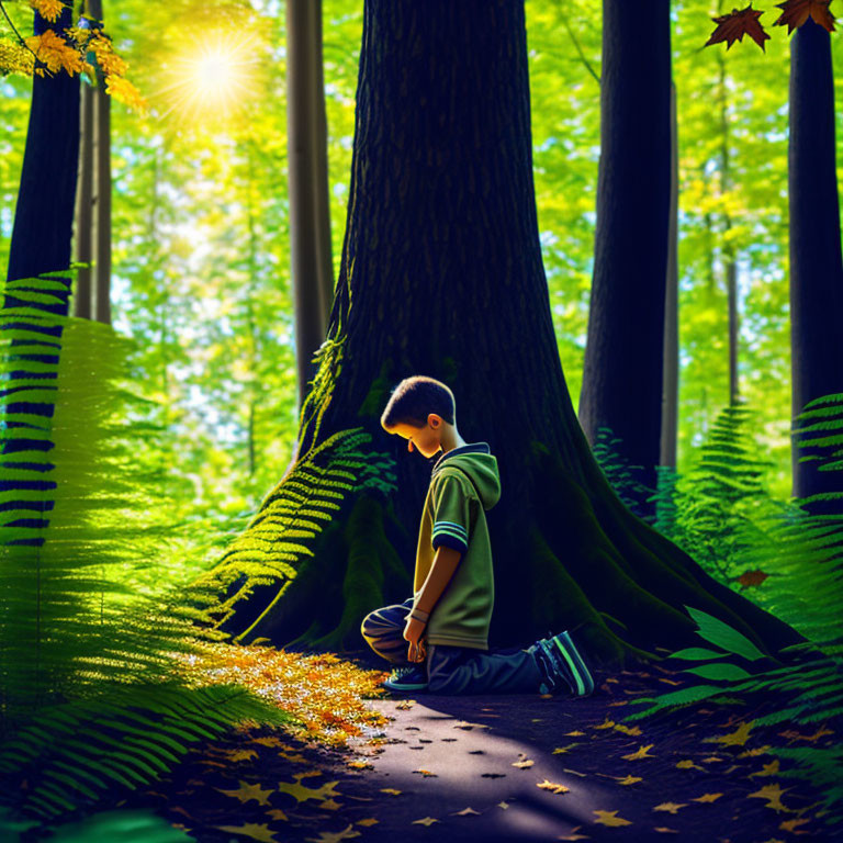 Child kneeling in sunlit forest surrounded by lush ferns and fallen leaves