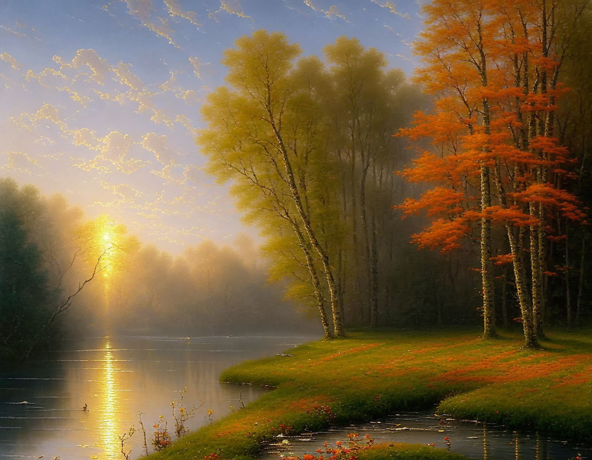 Autumn sunset over serene lake with golden light and colorful leaves