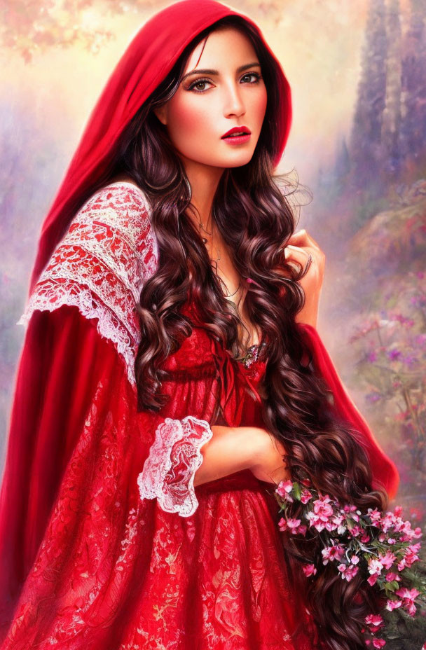 Woman with Long Brown Hair in Red Cloak Holding Pink Flowers Against Floral Background