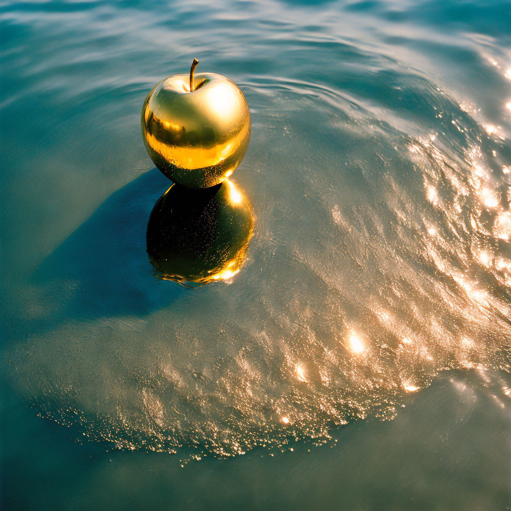 Golden apple floating on shimmering water surface