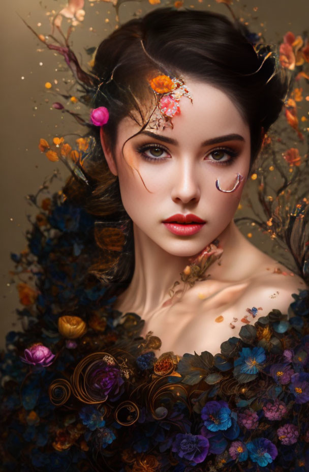 Woman portrait with artistic makeup and vibrant floral adornments