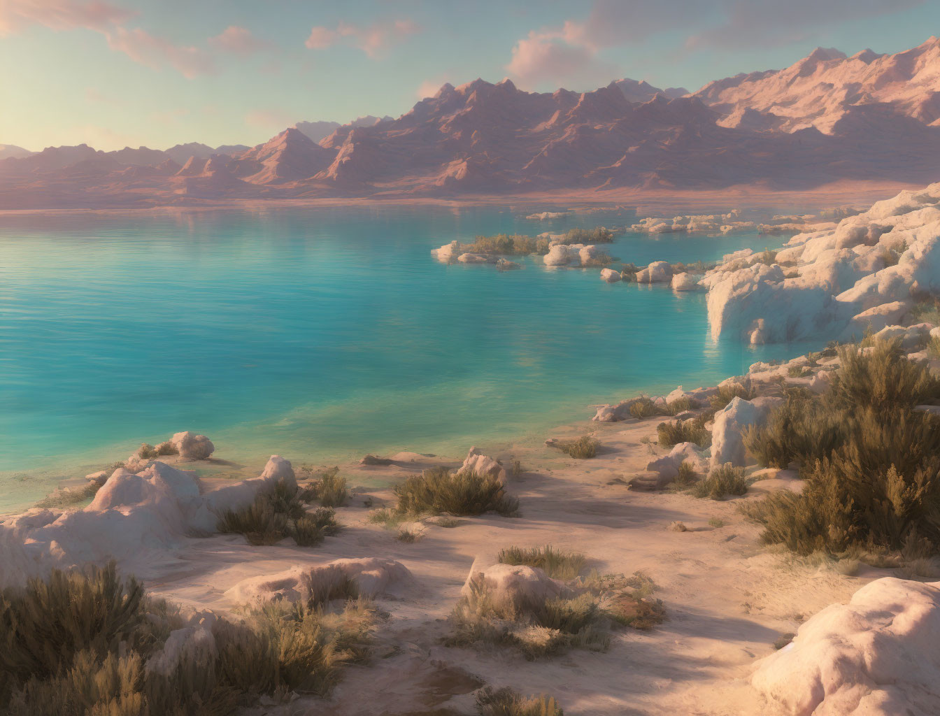 Tranquil Landscape: Turquoise Lake, Salt Formations, Sandy Shores & Mountains