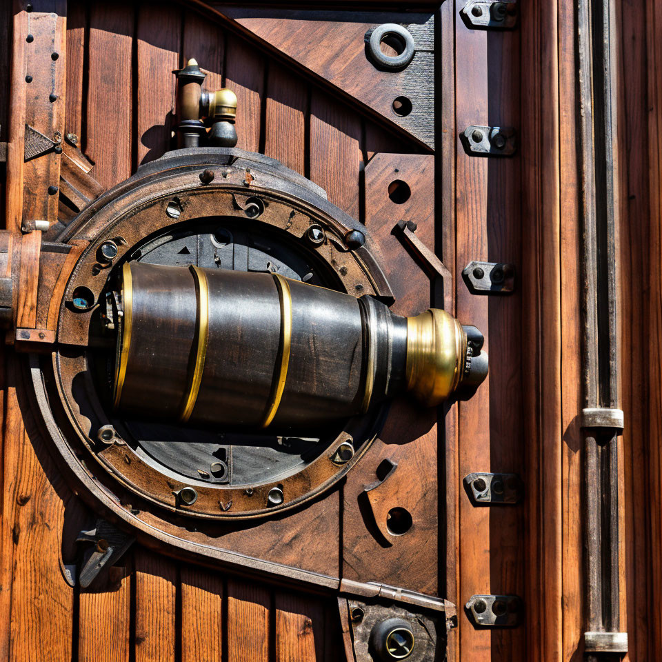 Steampunk-inspired round door with brass telescope peephole and metal trim.