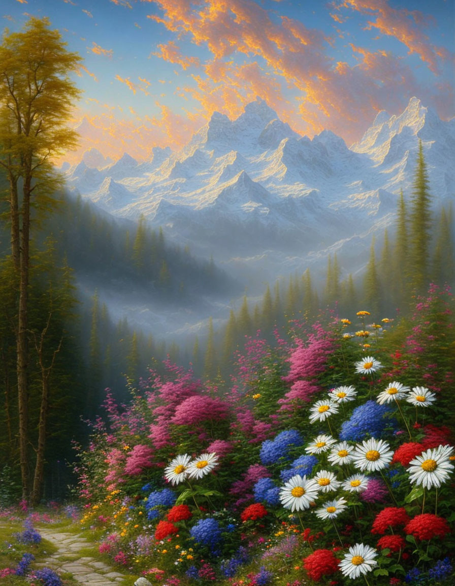 Colorful Mountain Landscape with Flowering Plants and Snowy Peaks