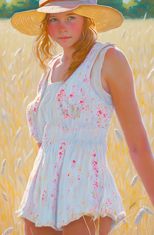 Young woman in summer dress and hat in sunny wheat field