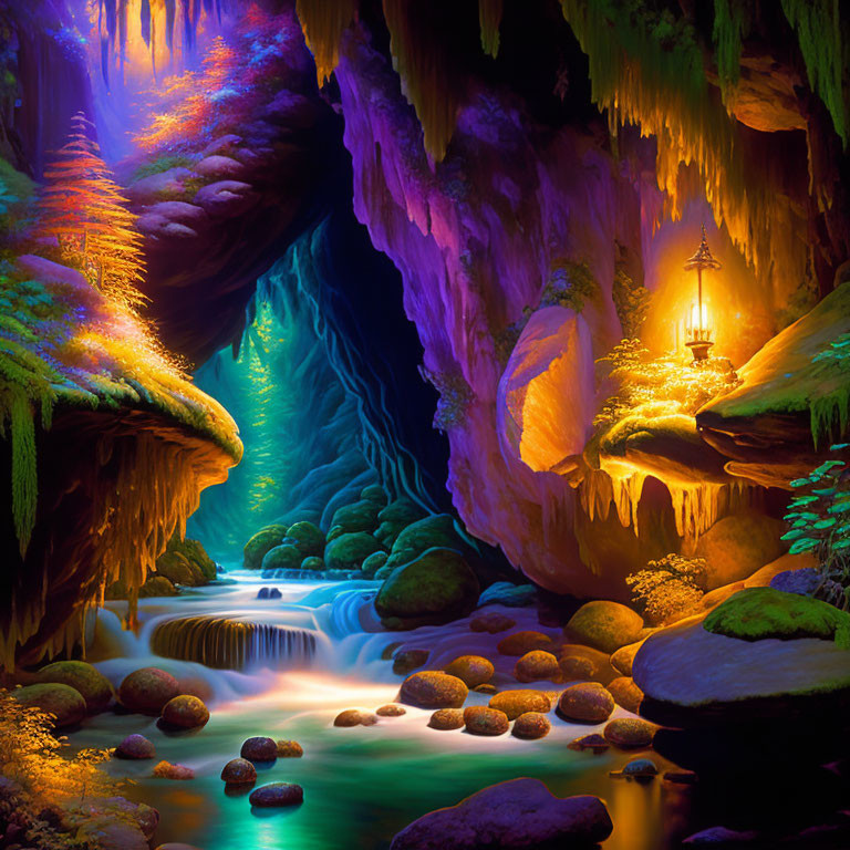 Vibrant cave with moss-covered stones, glowing river, cascades, and lantern