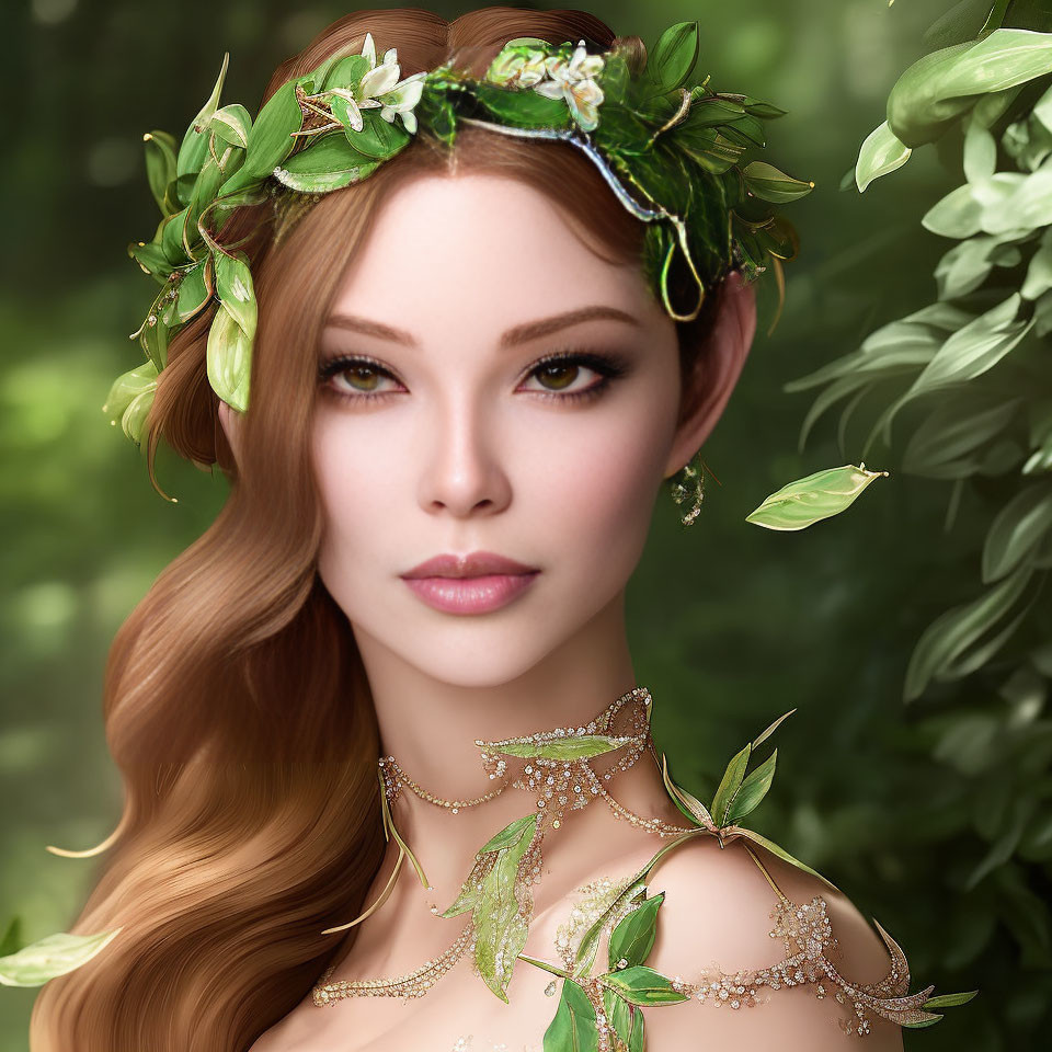 Woman with Floral Crown and Leafy Jewelry in Green Foliage Setting