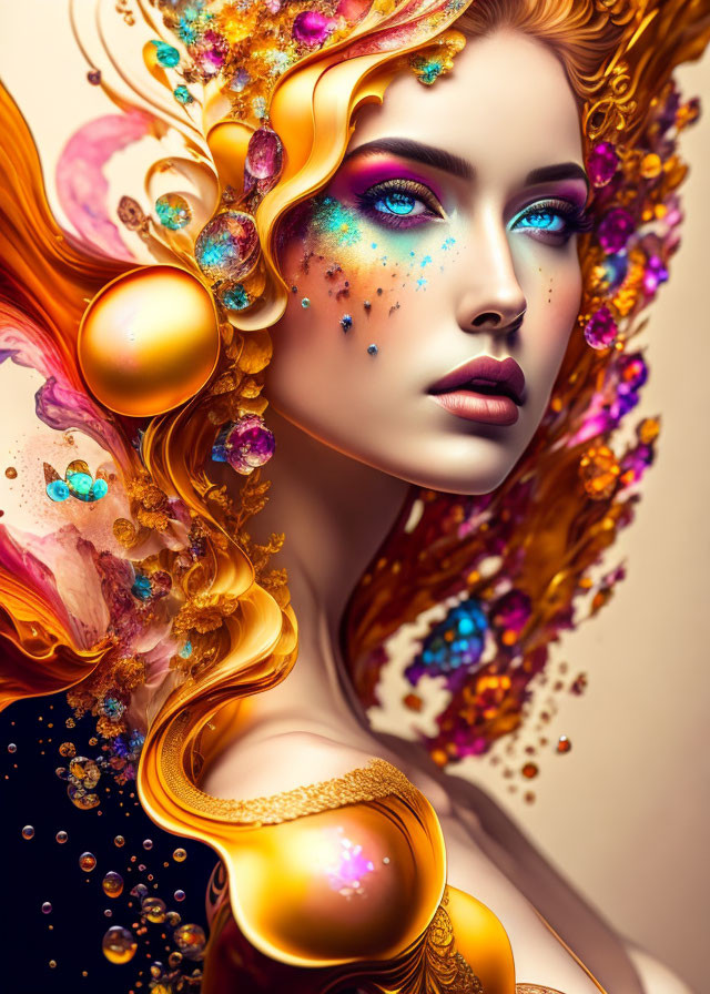 Stylized portrait of a woman with auburn hair, vibrant makeup, and ornate gold