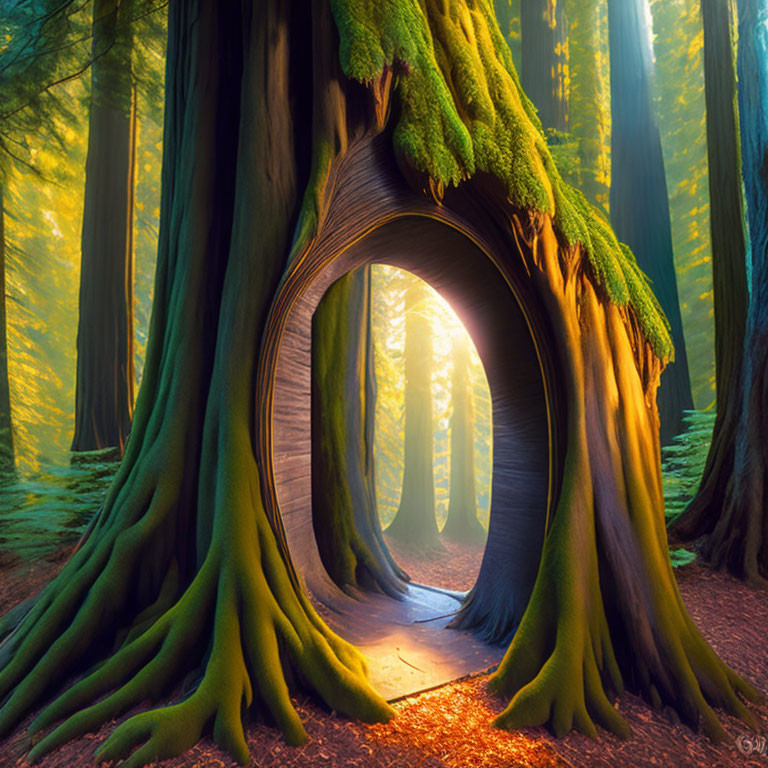 Misty forest scene: sunlight on hollow tree with moss-covered roots