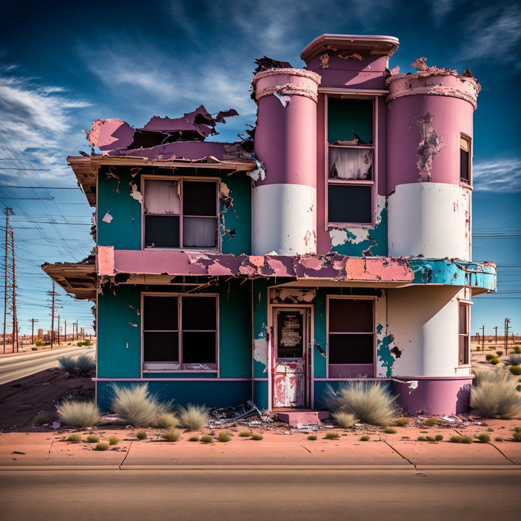 Abandoned two-story building with peeling paint and broken windows