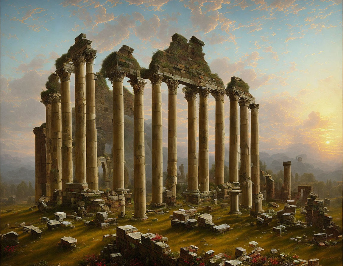 Ancient ruins with towering columns at sunset amid overgrown grass.