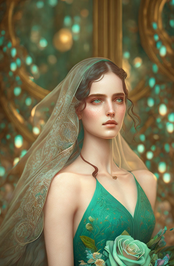 Woman in sheer veil with emerald dress holding rose on golden ornate backdrop