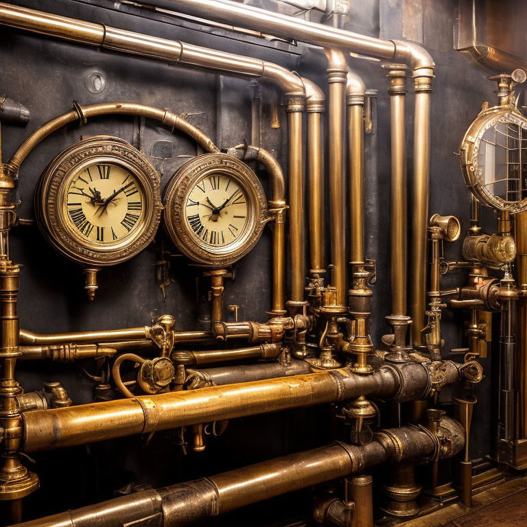 Industrial Steampunk Vintage Room with Brass Pipes and Analog Clocks