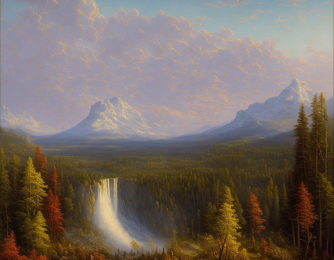 Mountain, forest, waterfall, and cloudy sky in scenic landscape painting