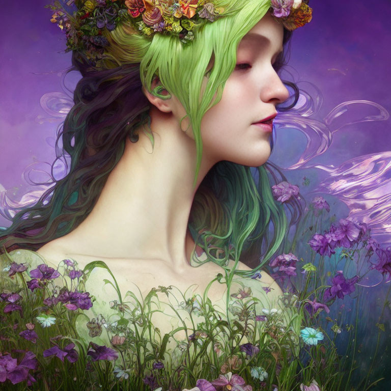 Woman with Green Hair and Flower Wreath in Purple Floral Setting