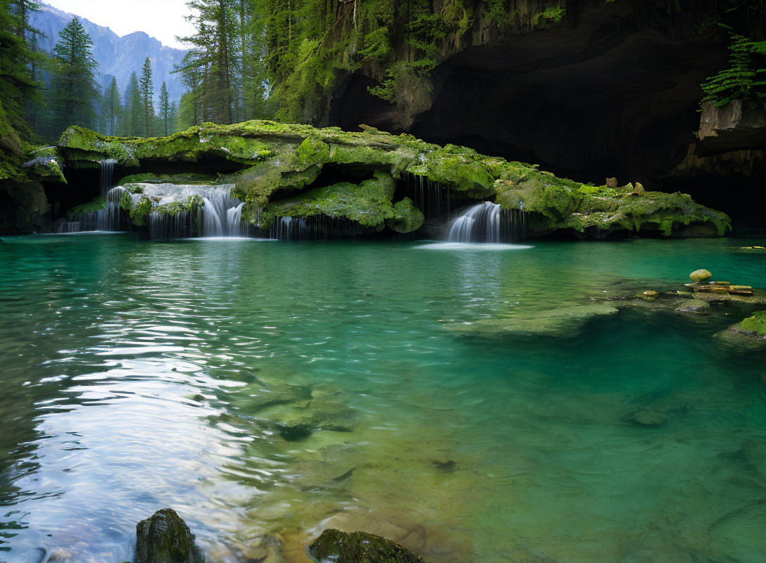 Tranquil underground waterfall in mossy cave landscape