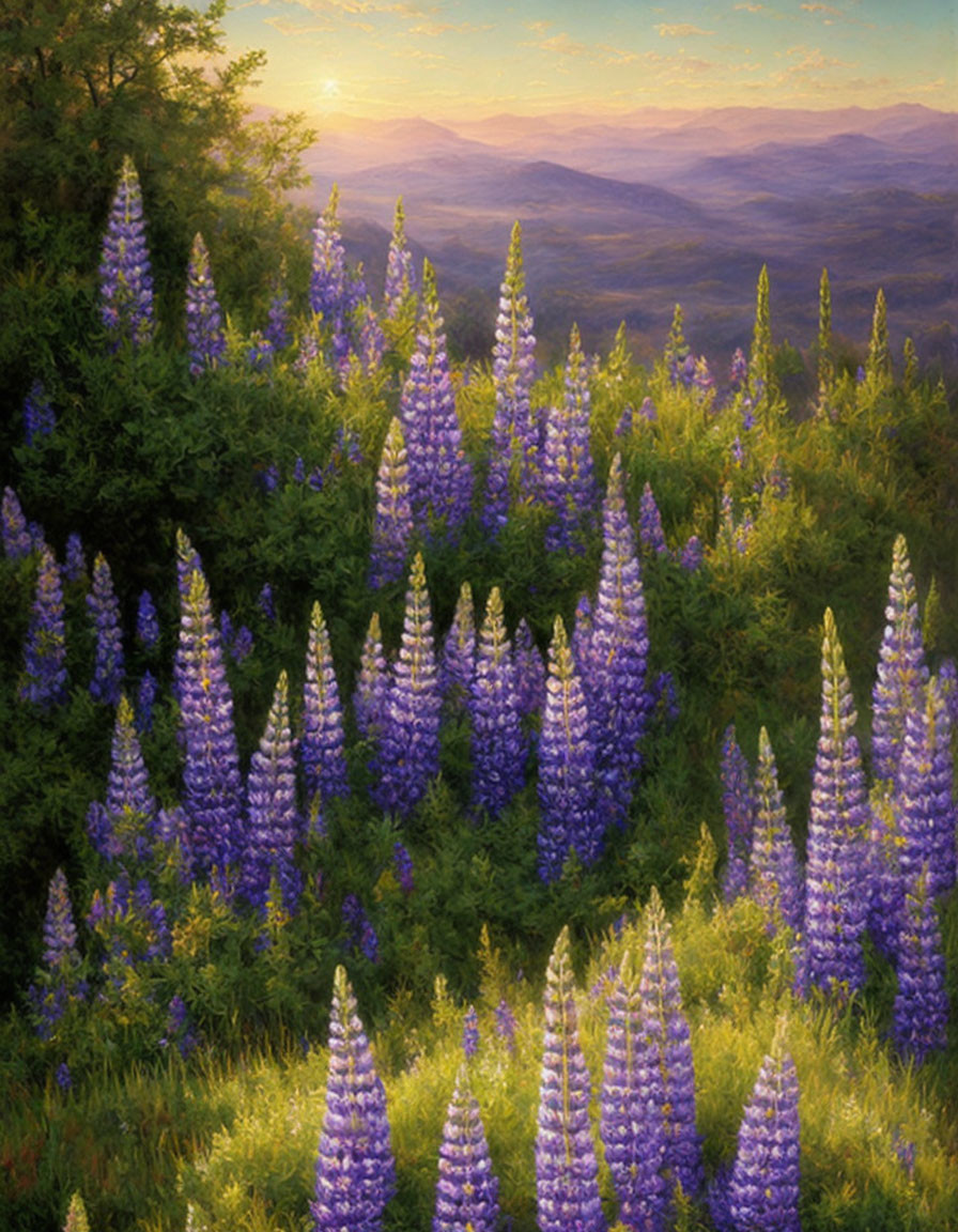 Majestic purple lupine flowers in sunlit landscape