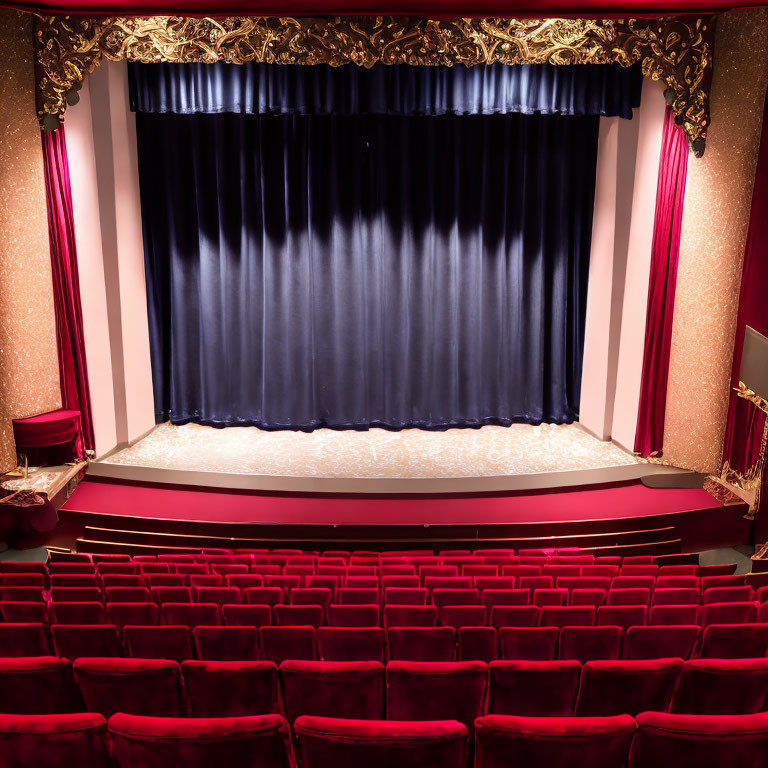 Empty theater with red seats, closed curtain stage, golden accents, ambient lighting