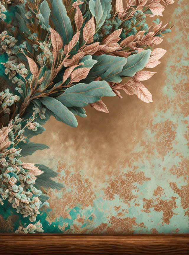 Bronze and white floral arrangement on teal and brown background