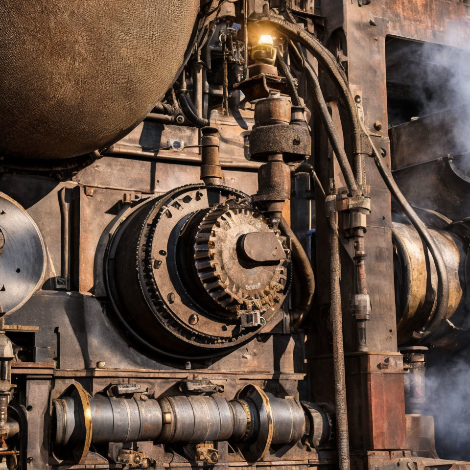 Detailed Close-Up of Industrial Machinery with Gears, Pipes, and Steam