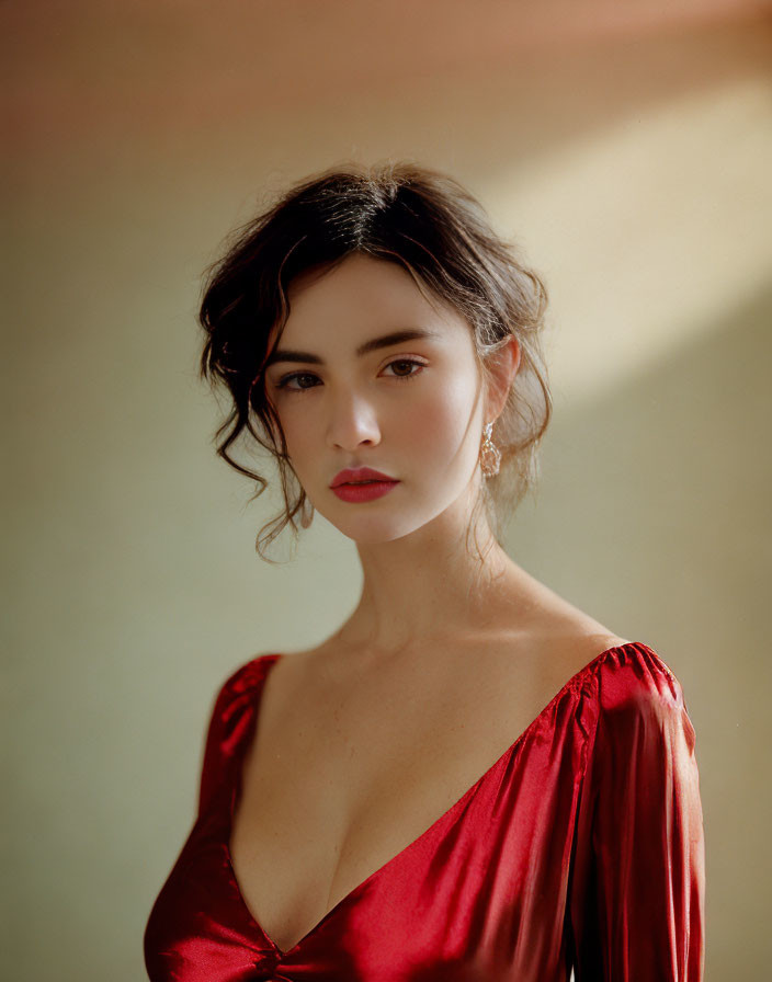 Dark-haired woman in red dress and red lipstick gazes softly at camera