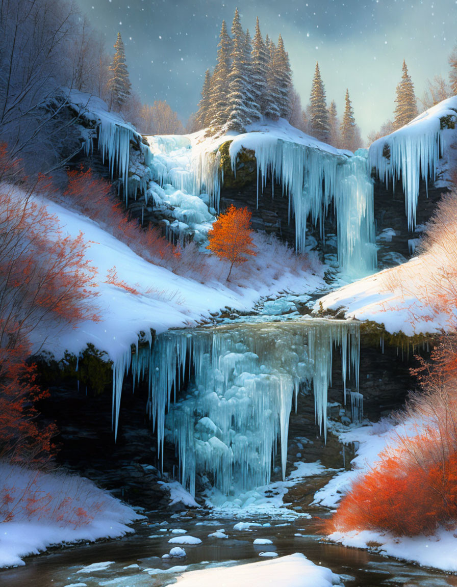 Winter landscape: frozen waterfall, snow-covered trees, orange foliage, vibrant tree