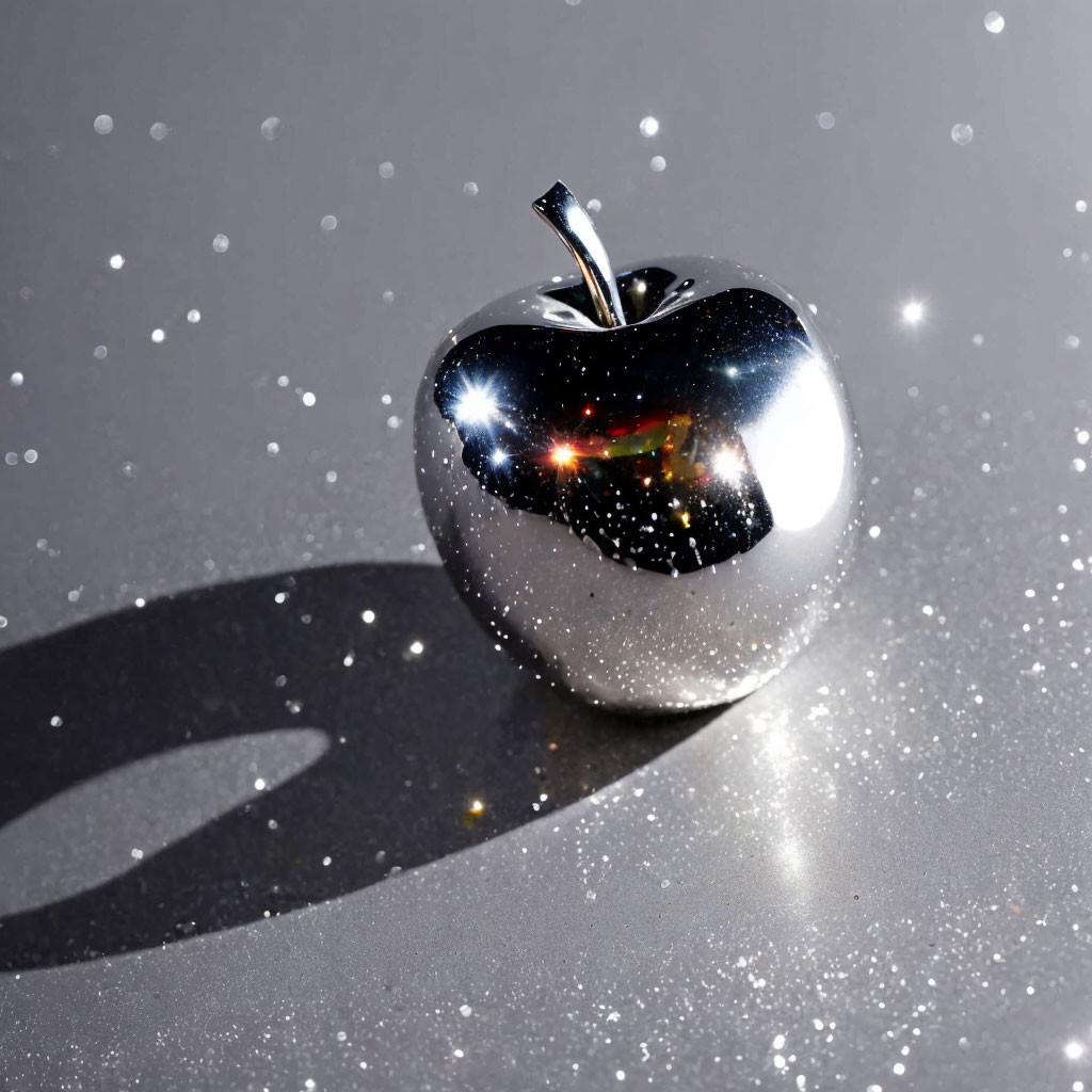 Silver Apple Sculpture on Glittery Grey Background