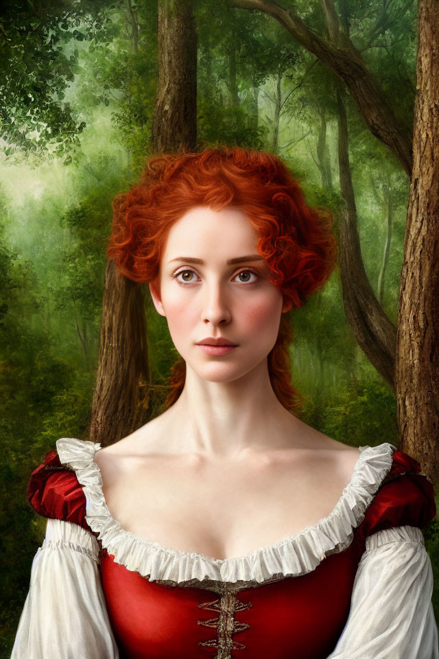 Curly Red-Haired Woman in Period Dress in Forest Setting